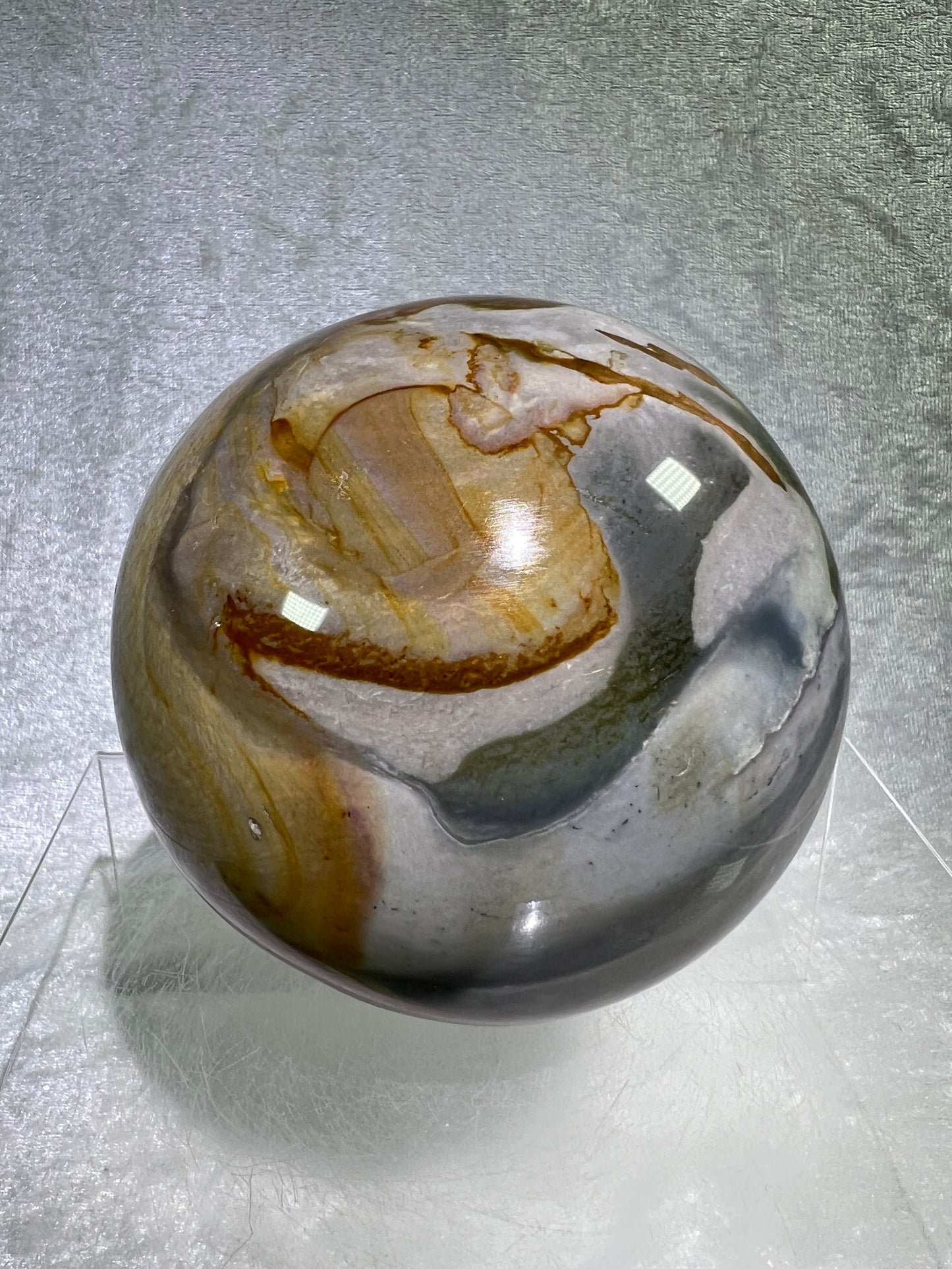 Polychrome Jasper Sphere. 87mm. Very Rare Dragonscale Patterns. Gorgeous Desert Jasper From Madagascar.