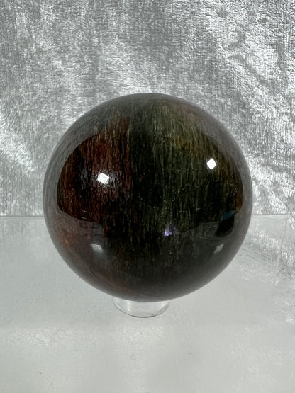 Tourmalinated Quartz Sphere. 52mm. Gorgeous Red And Green Tourmaline Inclusions. Rare And Unique Display Sphere.