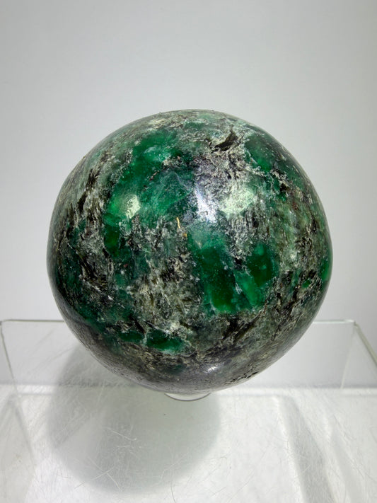 Emerald Mica In Matrix Crystal Sphere. 64mm. Gorgeous Chrome Muscovite From Zimbabwe. Amazing One Of A Kind Rare Display Crystal
