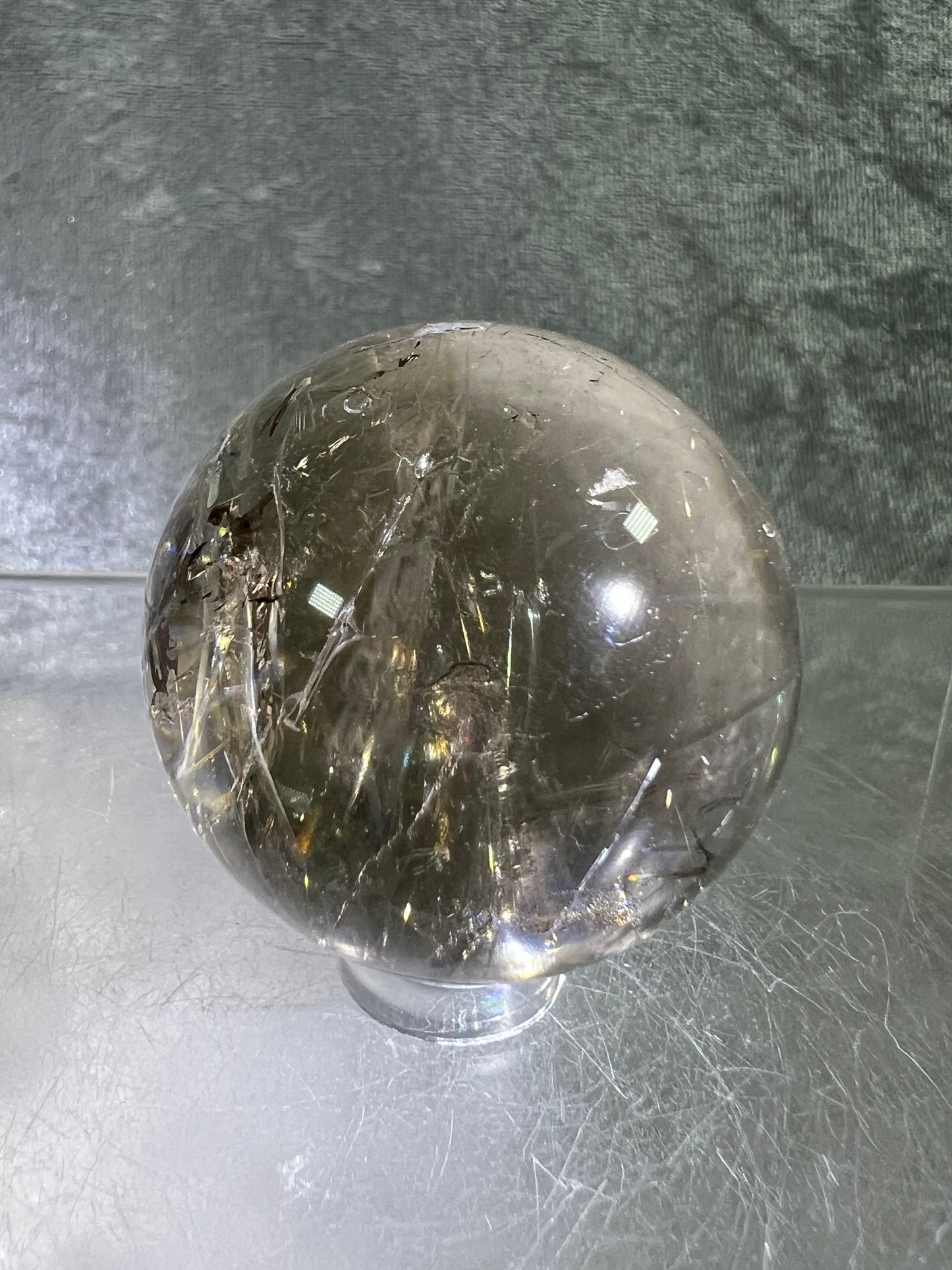 Rutile Quartz Sphere. Amazing Rainbows! Light Smoky Quartz With Stunning Golden Rutile Inclusions.