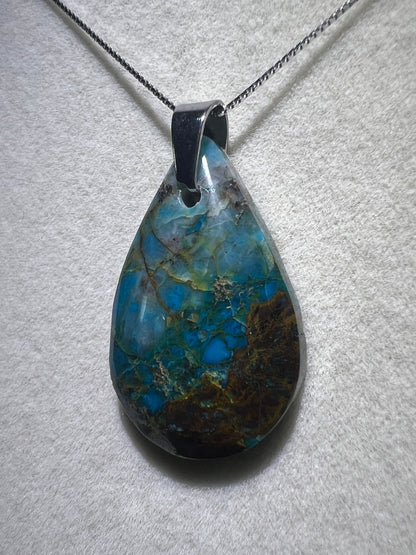 Chrysocolla Teardrop Pendant. Rare Water And Wine Chrysocolla From Peru. Stunning Color Combination. Includes S925 Silver Necklace.