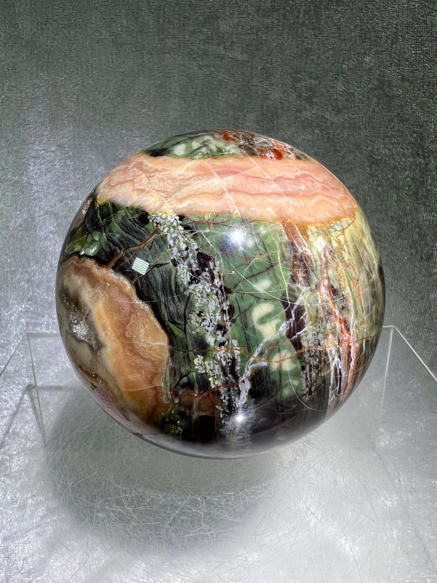 Money Agate Crystal Sphere. 78mm. Very Rare Shades Of Green. Stunning Indonesian Bloodstone. Amazing Colors And Patterns