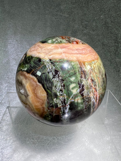 Money Agate Crystal Sphere. 78mm. Very Rare Shades Of Green. Stunning Indonesian Bloodstone. Amazing Colors And Patterns
