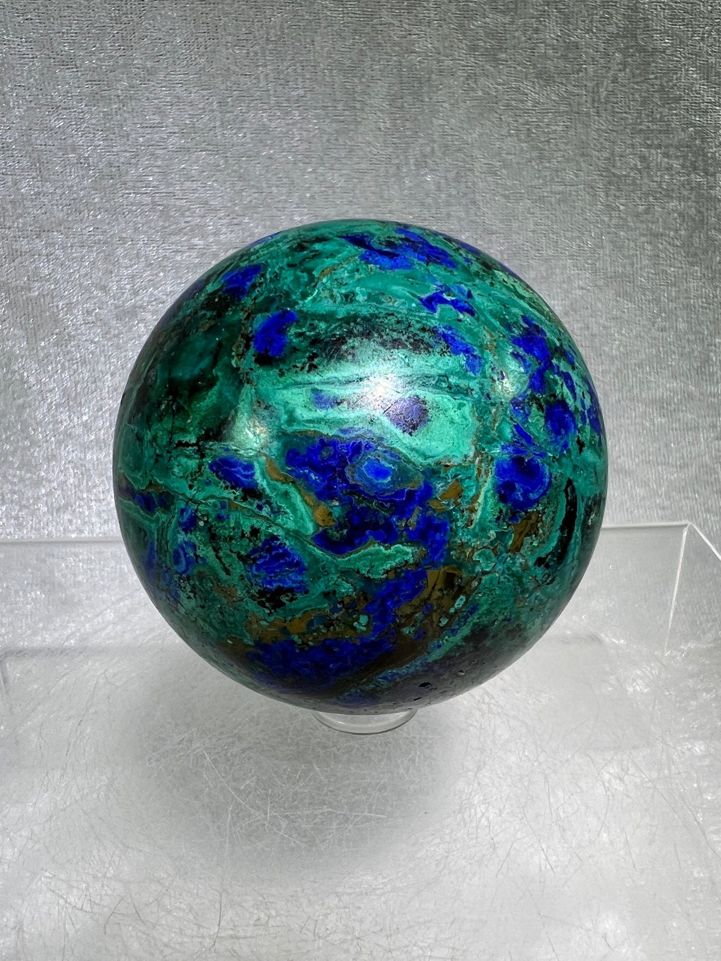 Azurite, Chrysocolla, and Malachite Crystal Sphere. 62mm. High Quality With Gorgeous Colors. Awesome Rare Display Piece!