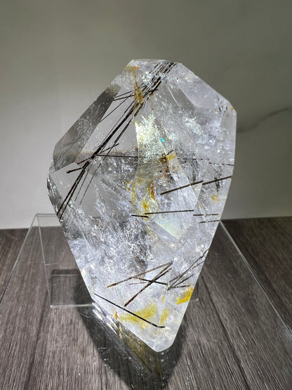 Tourmalinated Quartz Polished Freeform. Amazing Black Tourmaline, Golden Healer, And Large Rainbows.