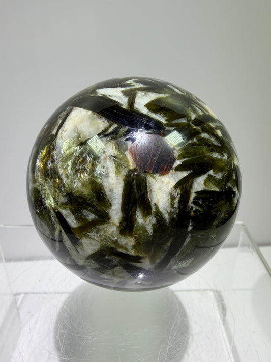 Green Mica And Garnet Sphere. 65mm. Rare Flashy Green Mica With Red Garnet. Gorgeous High Quality Crystal.
