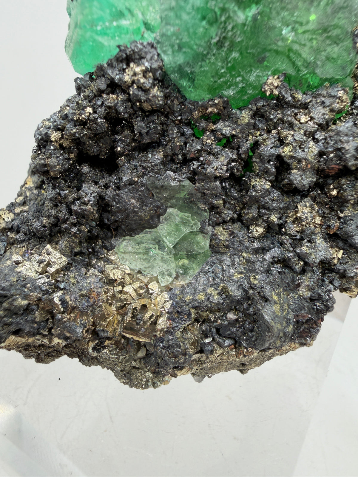 Green Fluorite And Pyrite Specimen From The Famous Milpo Mine In Peru. High Quality Rare Fluorite Specimen. Gorgeous Display Crystal