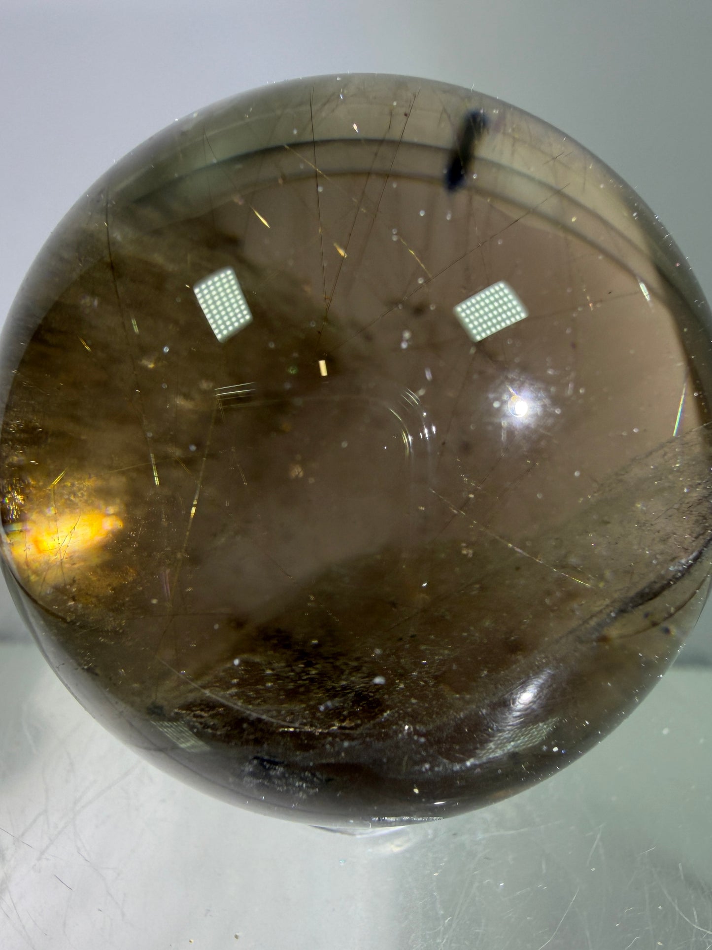 Rutile Quartz Sphere. 46mm. Unique Smoky Quartz With Stunning Golden Rutile Inclusions.