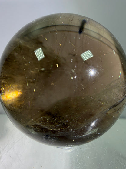 Rutile Quartz Sphere. 46mm. Unique Smoky Quartz With Stunning Golden Rutile Inclusions.