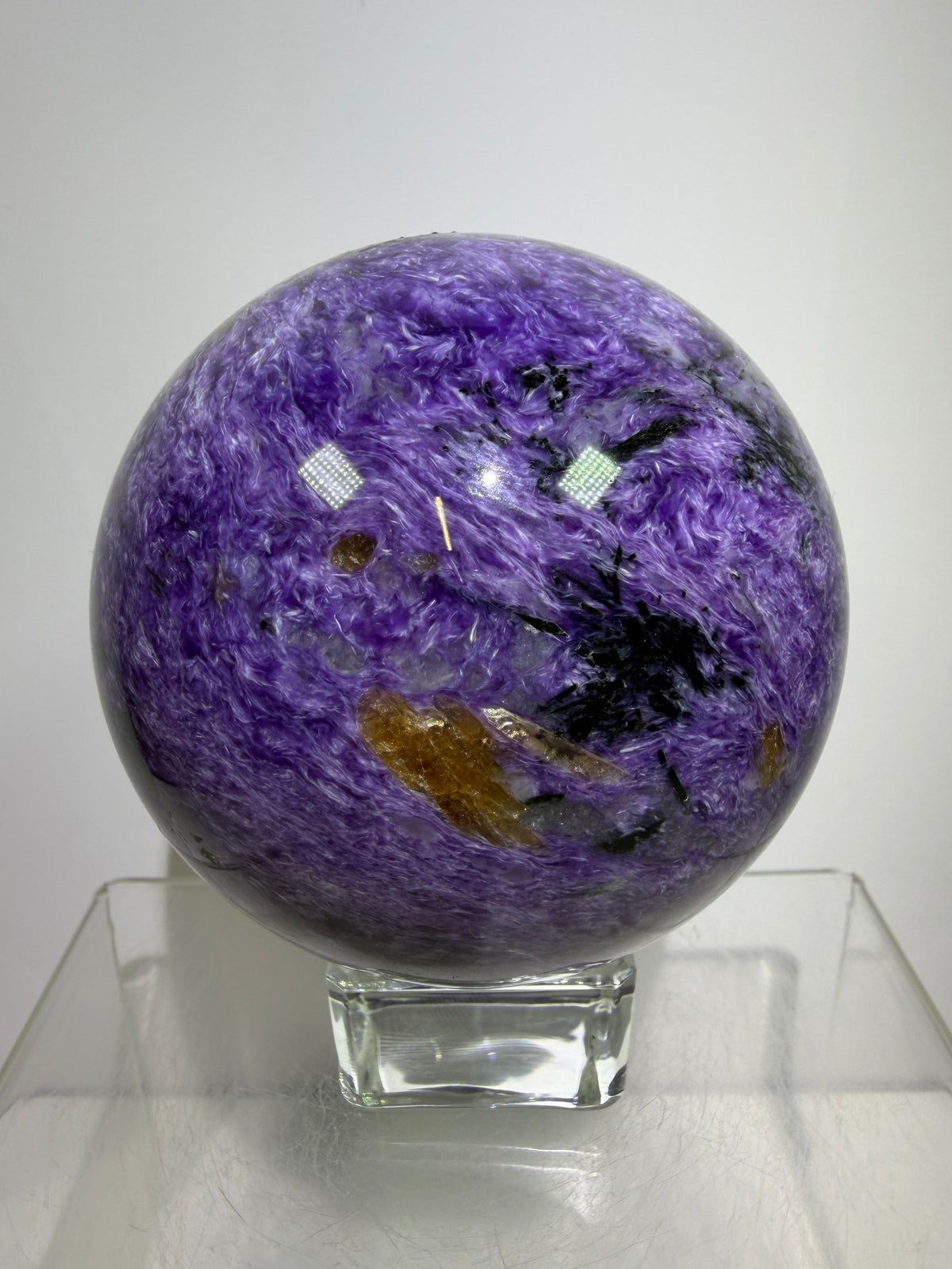 Charoite Crystal Sphere. 79mm. XL High Quality Stunning Crystal. Amazing Patterns And Flash. Gorgeous UV Reaction.