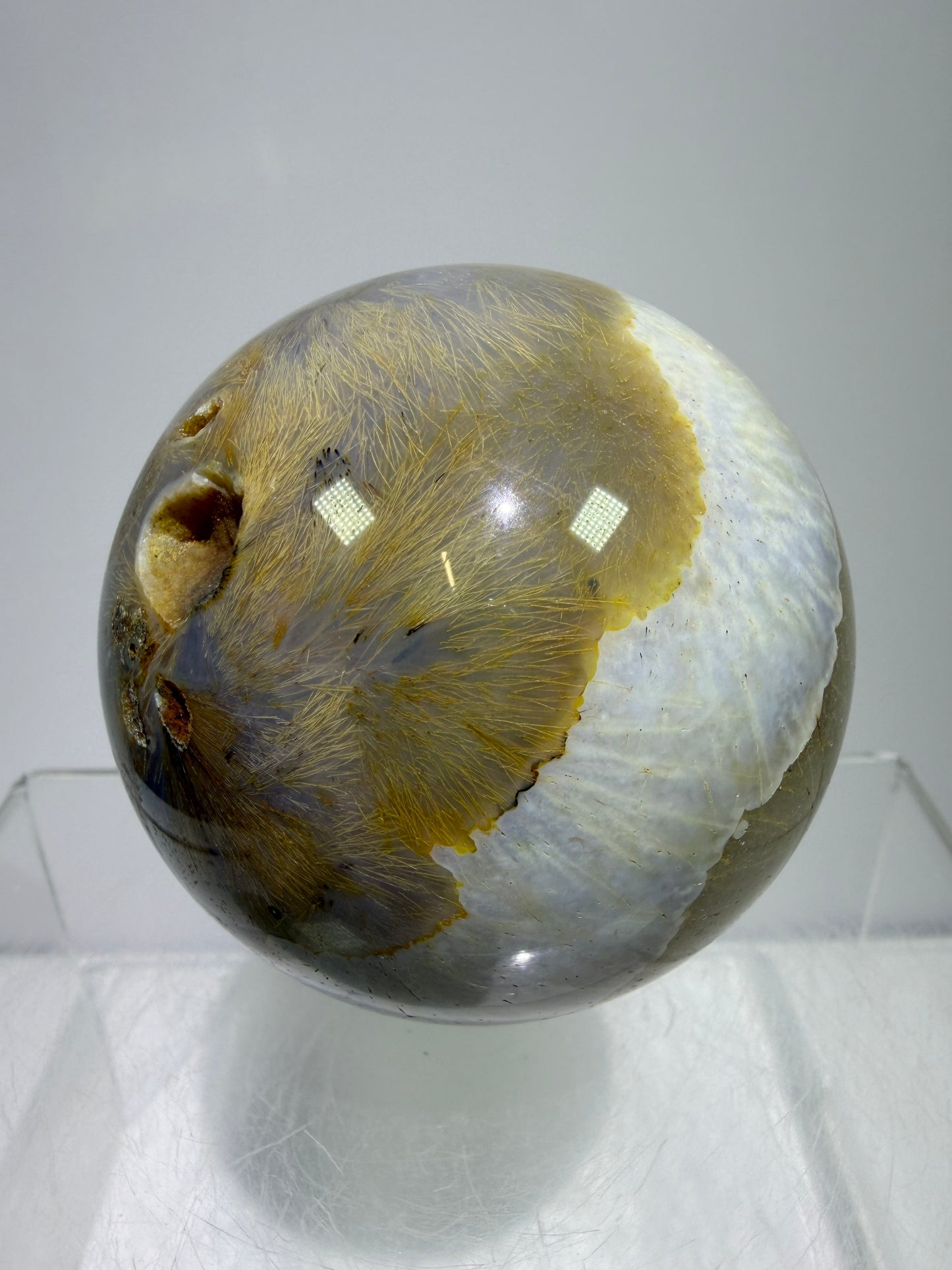 Sagenite Crystal Sphere. 61mm. Incredible Sagenite Plumes With Dendritic Agate. Rare And Unique Crystal Display Sphere
