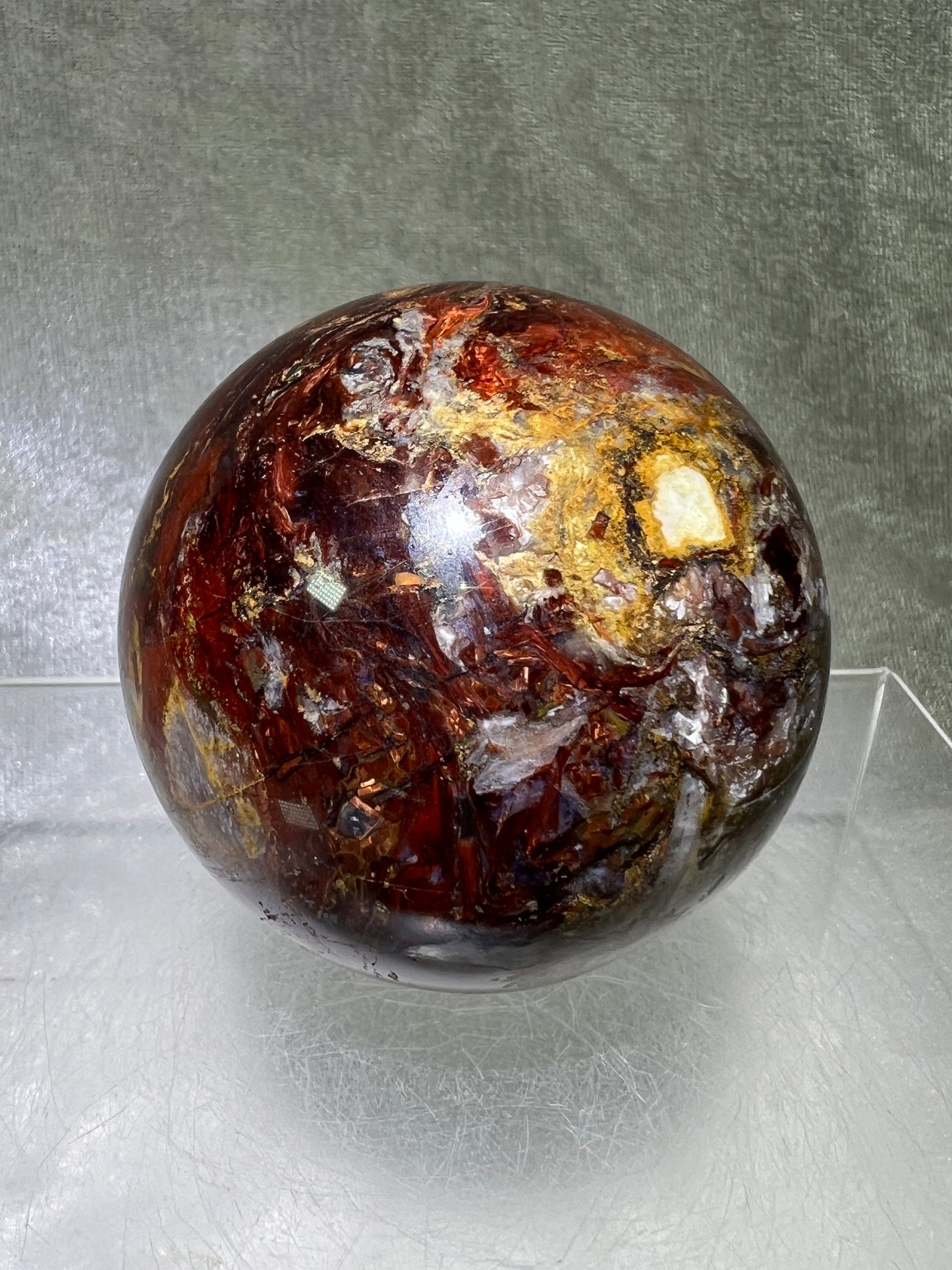 Pietersite Crystal Sphere. 66mm. Gorgeous Rare Red Pietersite Crystal. High Quality Display Sphere With Amazing Flash.