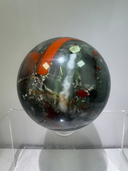 African Bloodstone Sphere From Swaziland. 66mm. Gorgeous Pyrite And Red Jasper Inclusions With Crazy Mosaic Patterns And Colors.