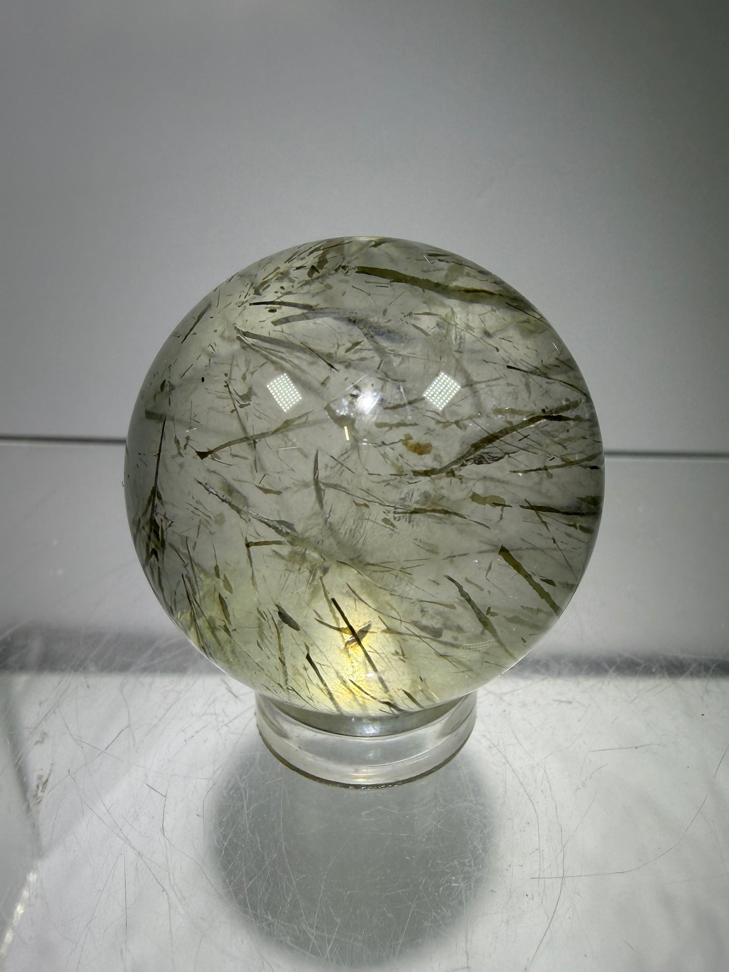 Green Tourmaline Quartz Sphere. Incredible Green Rutile Sphere. Tourmalinated Quartz Display Crystal
