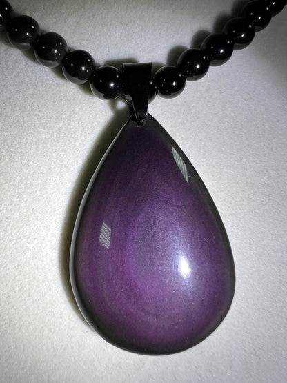 Rainbow Obsidian Pendant. Gorgeous Teardrop Cabochon. Custom Made Beaded Necklace. High Quality Jewelry