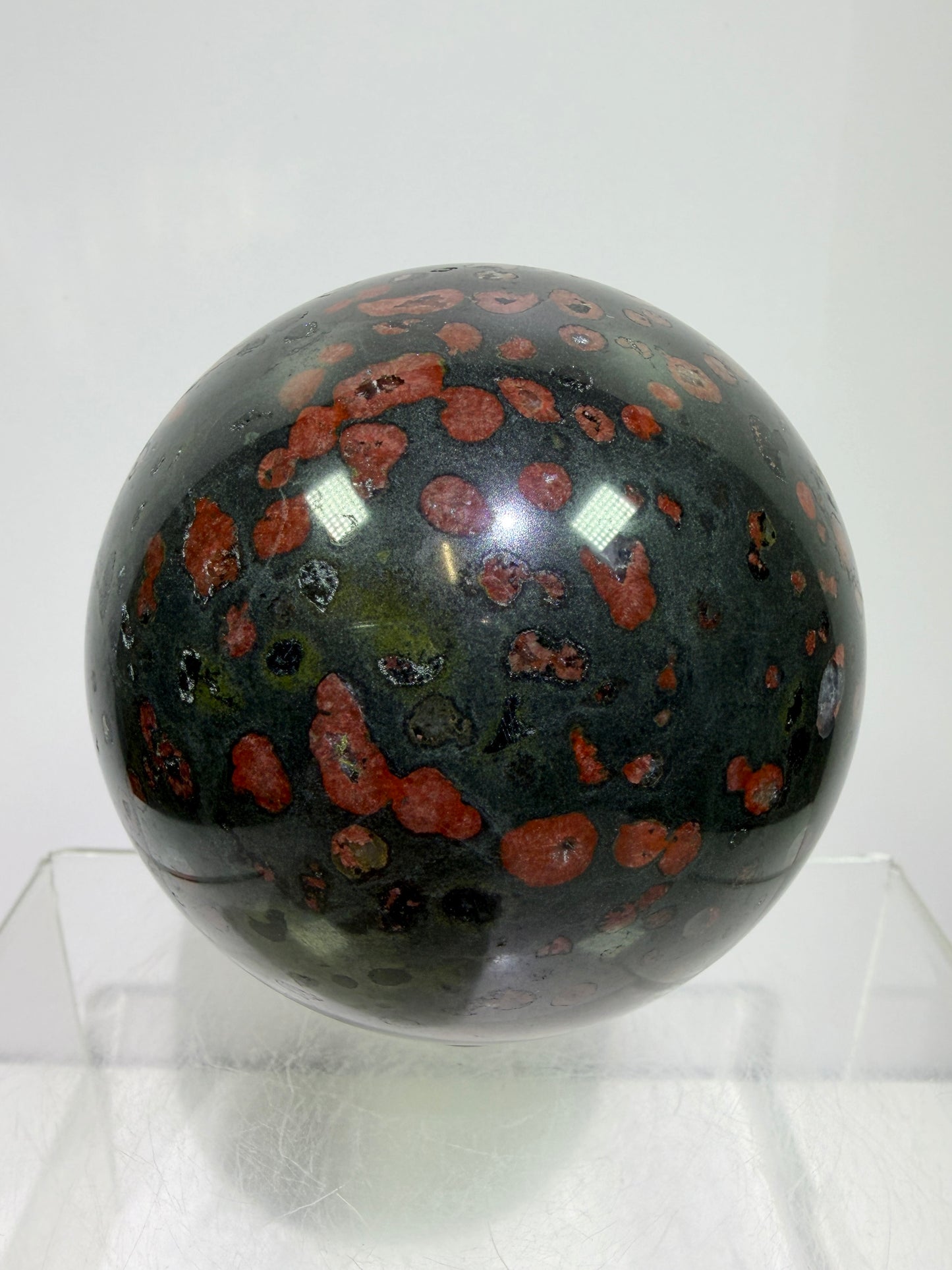 Plum Blossom Jade Sphere: 72mm. Gorgeous Large Display Sphere. Beautiful Color Contrast