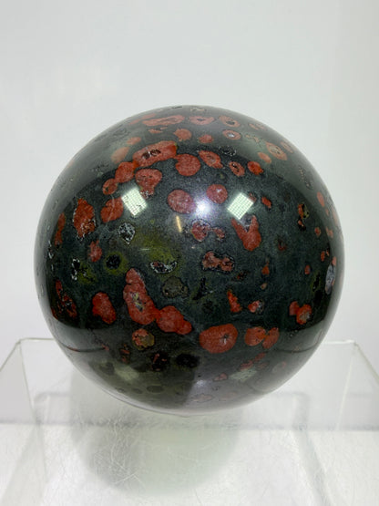 Plum Blossom Jade Sphere: 72mm. Gorgeous Large Display Sphere. Beautiful Color Contrast