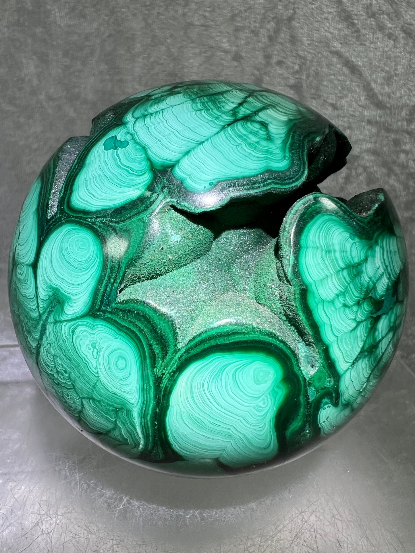 Malachite Crystal Sphere. 78mm. Incredible Large Druzy Malachite. Very High Quality Rare Display Sphere. Show Stopper!