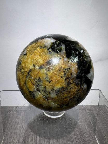 Yellow Tourmaline And Black Mica Sphere. 54mm. Rare New Discovery. Stunning And Flashy Display Sphere.