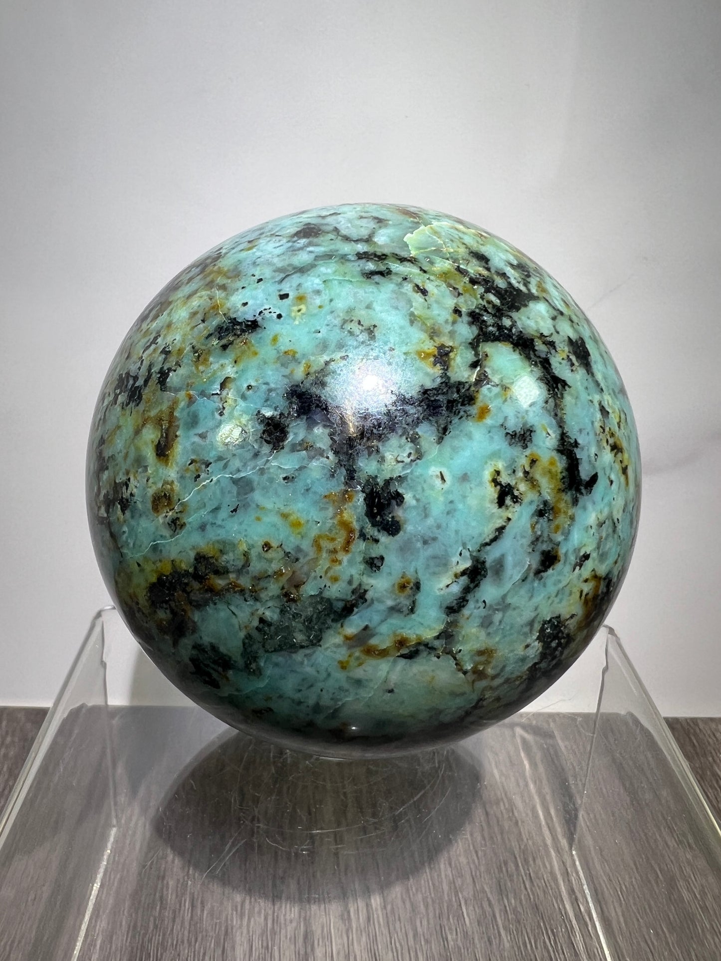 African Turquoise Crystal Sphere. 74mm. Incredible Chrysocolla From South Africa. Very Rare Display Sphere.