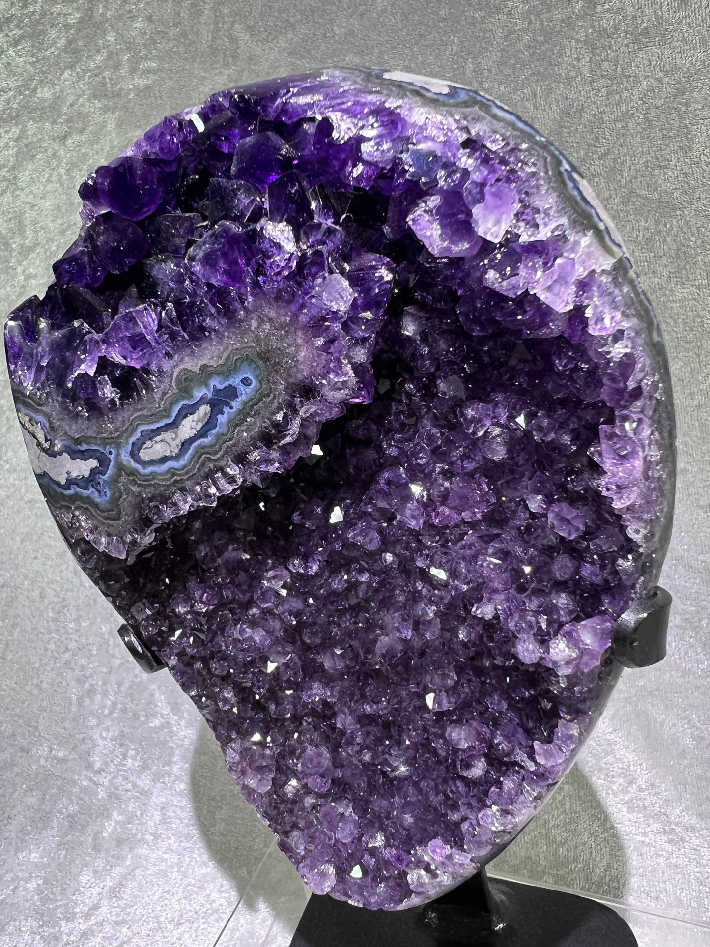 Amethyst Geode Specimen. World Class Uruguayan Specimen. Stunning Top Quality Statement Piece! Custom Made Steel Stand