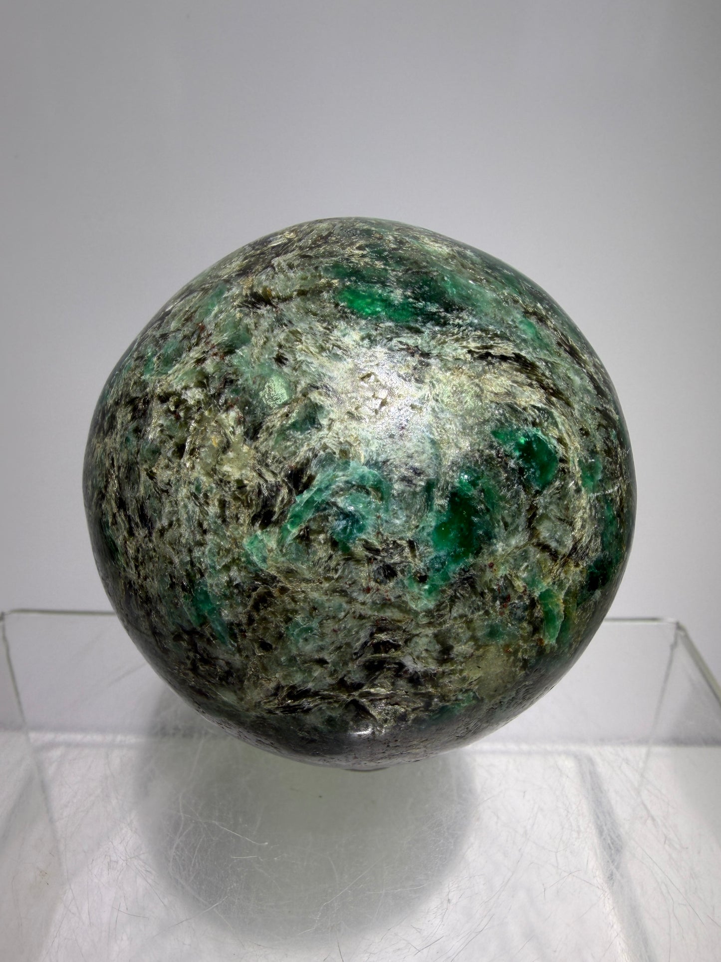 Emerald Mica In Matrix Crystal Sphere. 64mm. Gorgeous Chrome Muscovite From Zimbabwe. Amazing One Of A Kind Rare Display Crystal