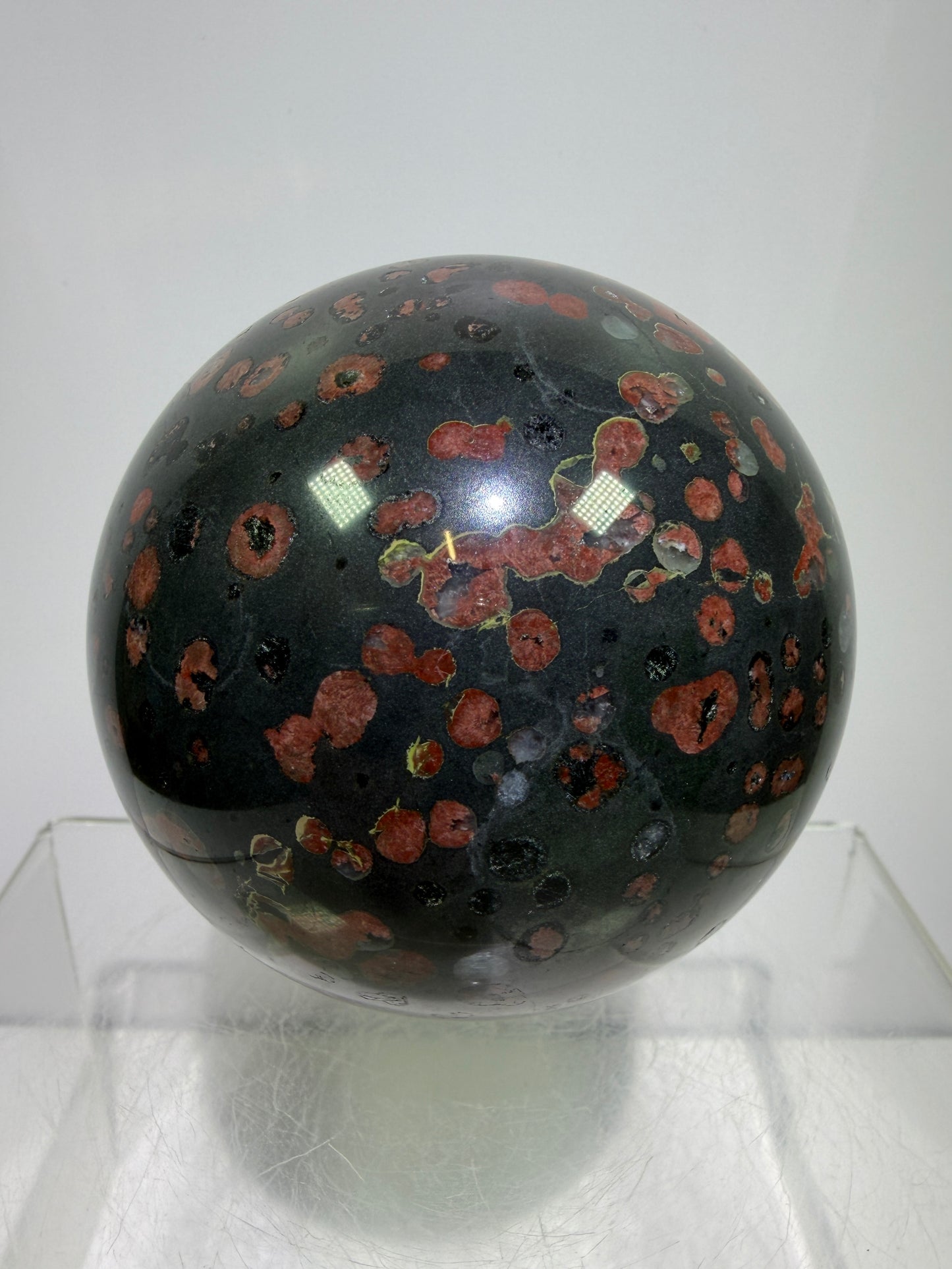 Plum Blossom Jade Sphere: 72mm. Gorgeous Large Display Sphere. Beautiful Color Contrast