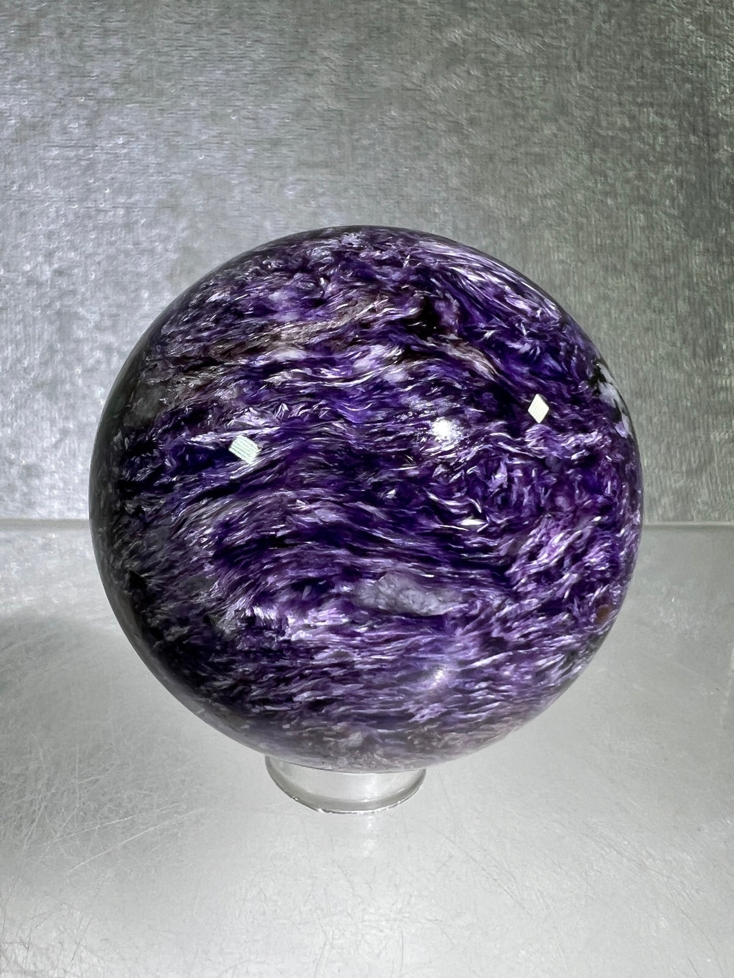 Charoite Crystal Sphere. 49mm. High Quality Beautiful Crystal. Amazing Patterns And Flash. Stunning UV Reaction.