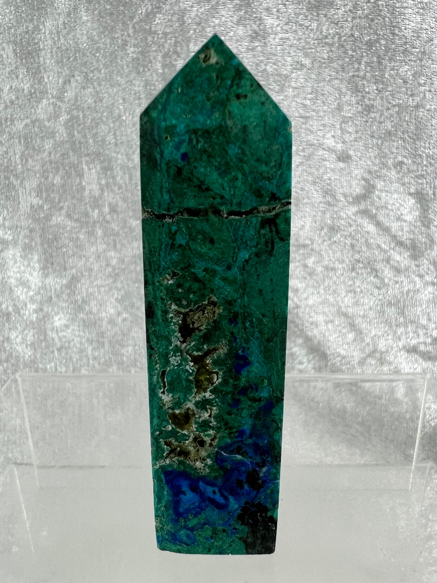 Azurite, Chrysocolla, And Malachite Druzy Tower. Rare And Beautiful Crystal Point.