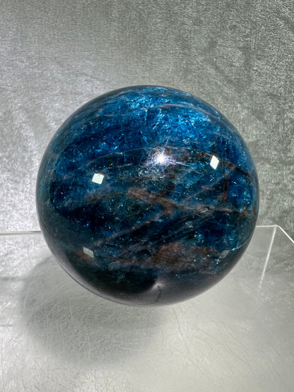 Blue Apatite Crystal Sphere. 66mm. Gorgeous Bright Blue With Lots Of Iridescent Flash. High Quality Display Sphere
