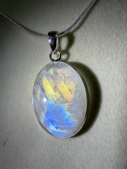 Rainbow Moonstone Crystal Pendant. Beautiful S925 Silver Crystal Jewelry. Amazing Colors With Great Flash!