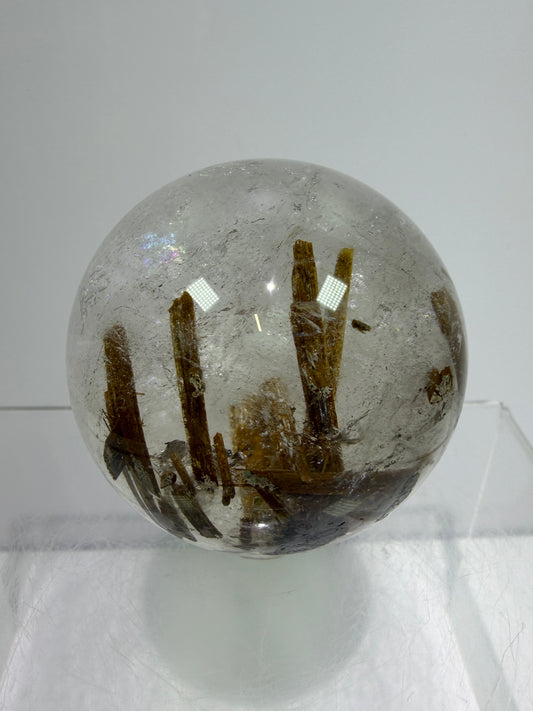 Tourmaline Quartz Sphere. Rare Tourmaline Sphere With Rainbows. Tourmalinated Quartz Display Crystal