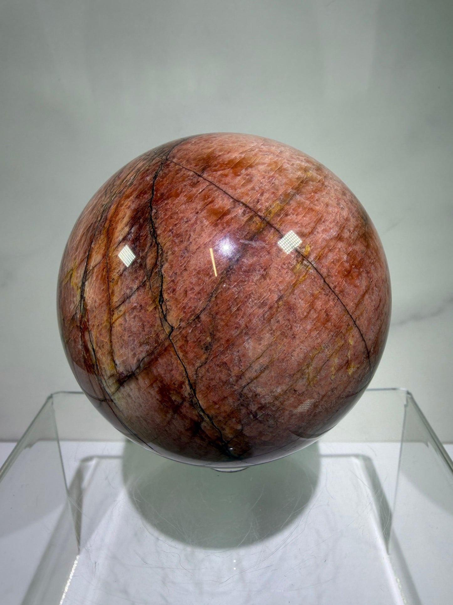 Pink Amazonite Crystal Sphere. 76mm. Stunning Colors And Flash. Gorgeous Rare Display Sphere.