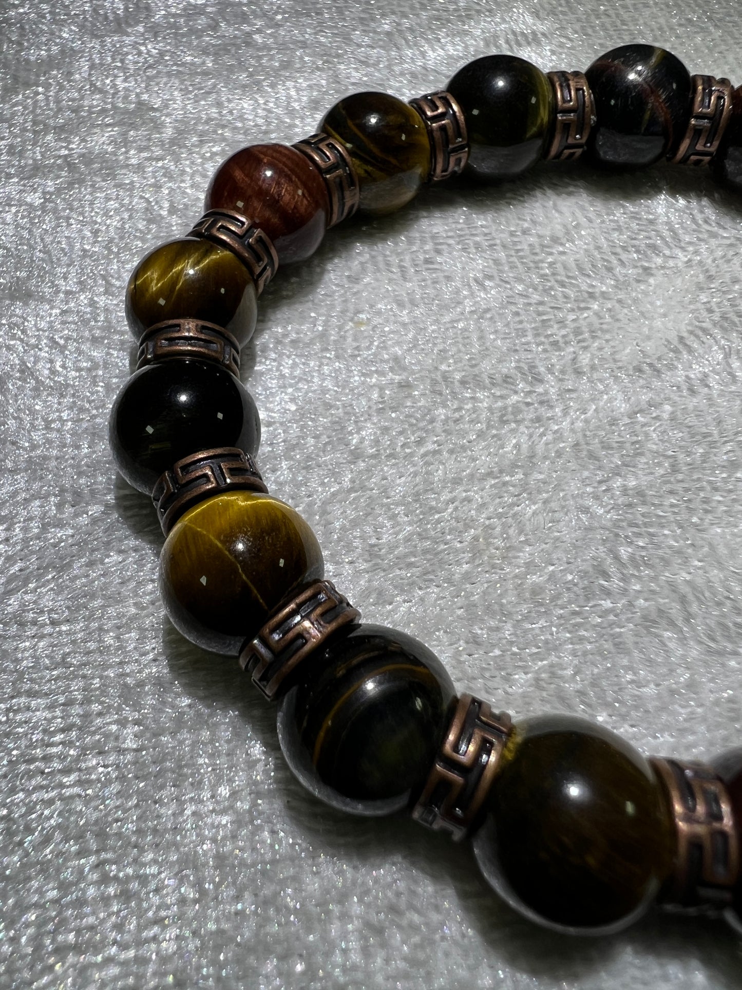 Tigers Eye Crystal Bead Bracelet. Beautiful Red, Blue, And Gold Tigers Eye Bracelet. 10mm. Amazing Bronze Color Spacers.