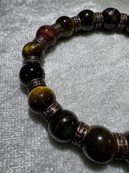 Tigers Eye Crystal Bead Bracelet. Beautiful Red, Blue, And Gold Tigers Eye Bracelet. 10mm. Amazing Bronze Color Spacers.