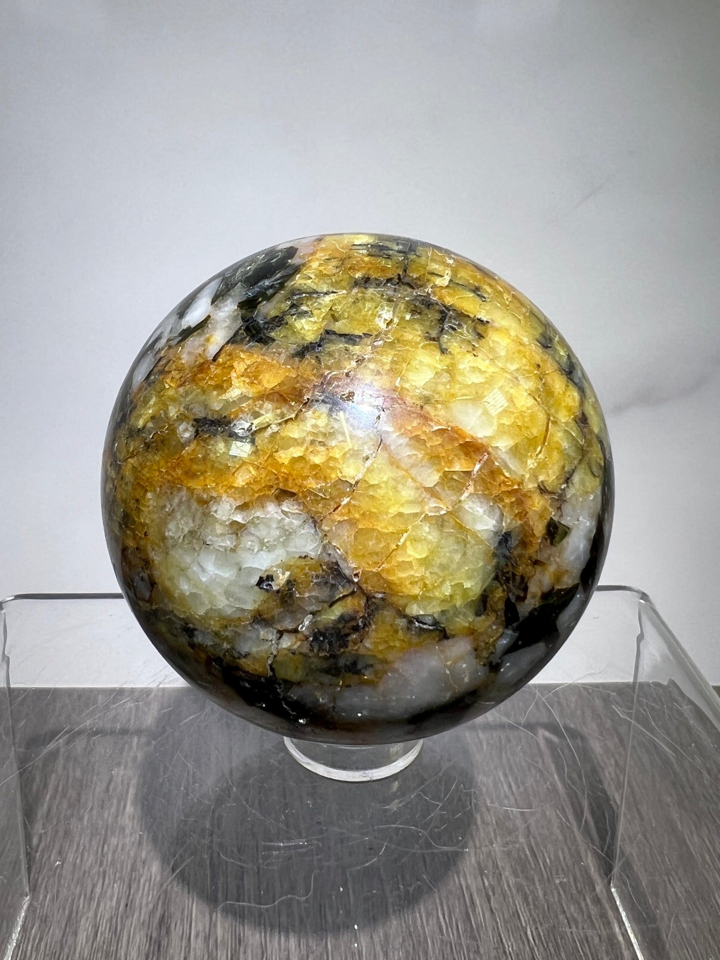 Yellow Tourmaline And Black Mica Sphere. 54mm. Rare New Discovery. Stunning And Flashy Display Sphere.