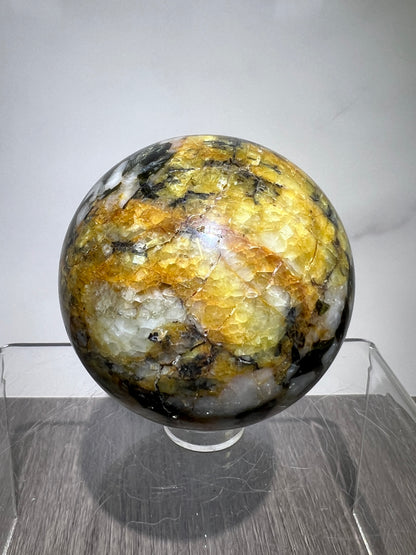 Yellow Tourmaline And Black Mica Sphere. 54mm. Rare New Discovery. Stunning And Flashy Display Sphere.