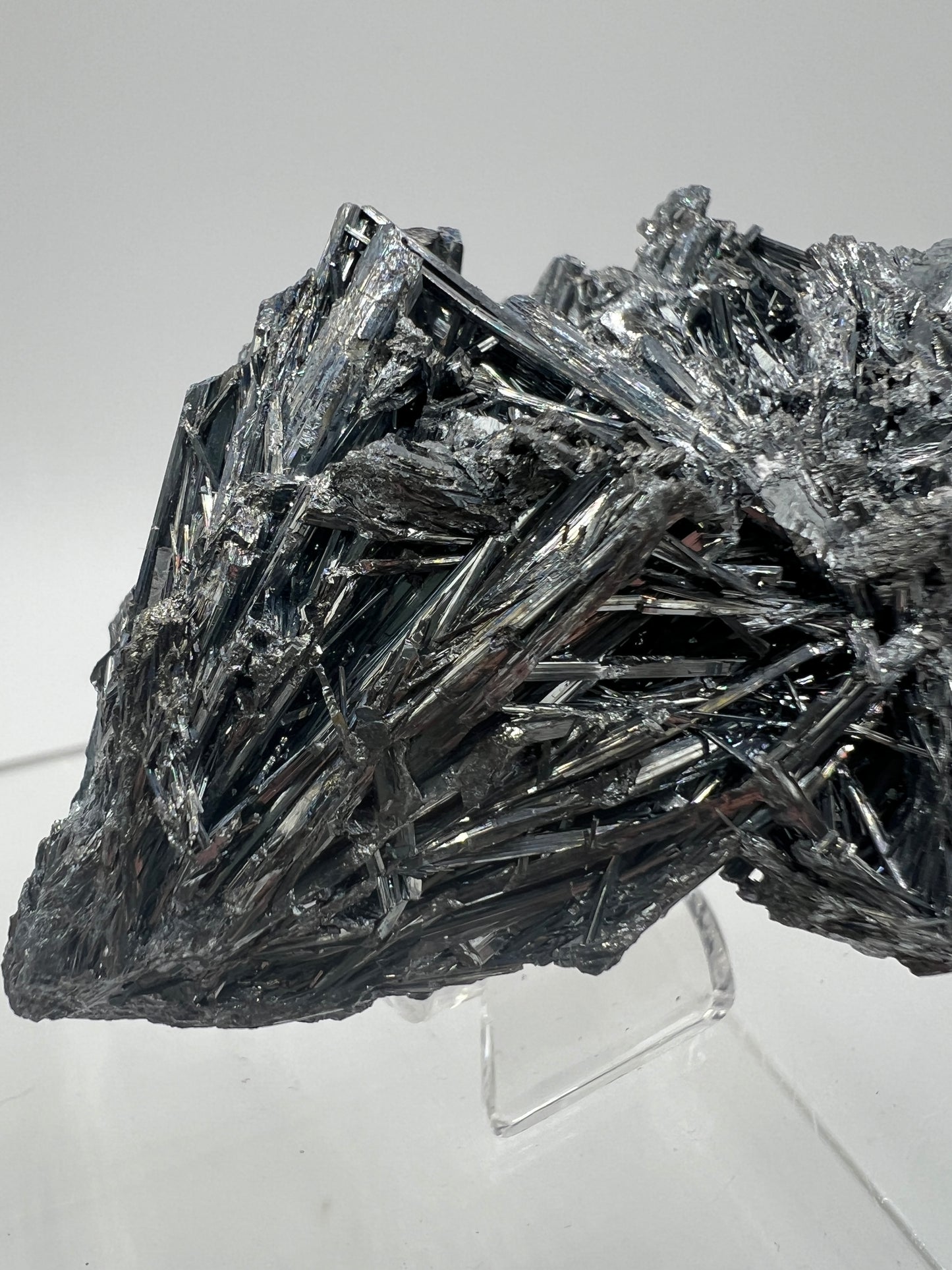 Stibnite Antimonite Specimen. Very Rare And Stunning Iridescent Crystal Cluster. Amazing Flashy Mineral Display