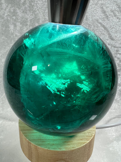 Green Fluorite Sphere. 76mm. Rare Emerald Green Fluorite. Comes With A White Light Stand. Gorgeous High Quality Crystal