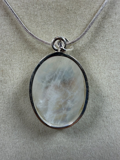 Rainbow Moonstone Crystal Pendant. Beautiful S925 Silver Crystal Jewelry. Amazing Colors With Great Flash!