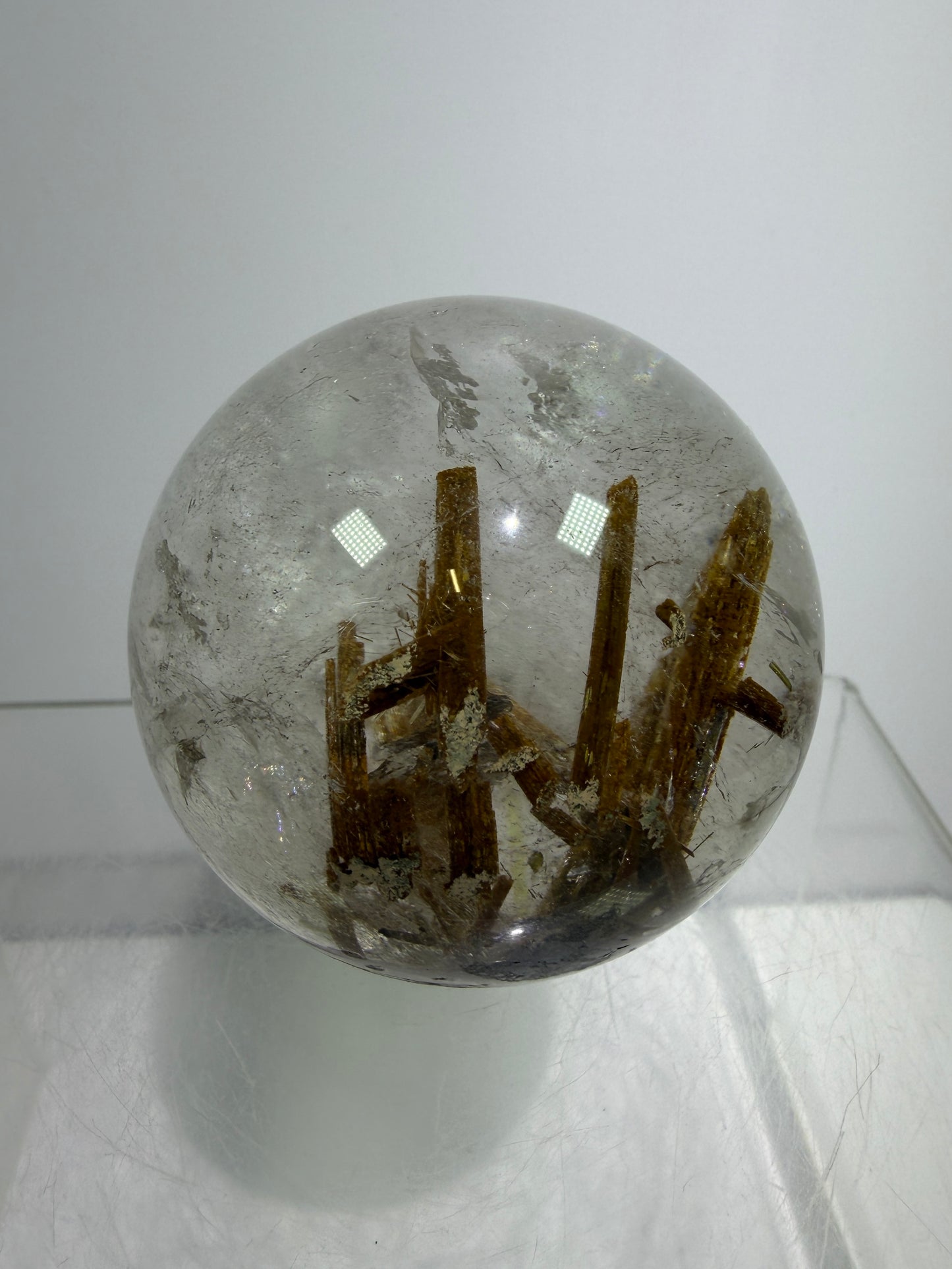 Tourmaline Quartz Sphere. Rare Tourmaline Sphere With Rainbows. Tourmalinated Quartz Display Crystal