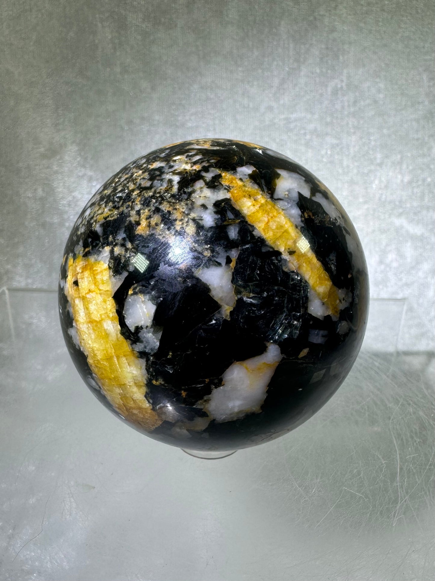 Yellow Tourmaline And Black Mica Sphere. 62mm. Rare New Discovery. Stunning And Flashy Display Sphere.