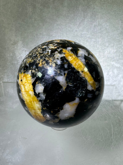 Yellow Tourmaline And Black Mica Sphere. 62mm. Rare New Discovery. Stunning And Flashy Display Sphere.