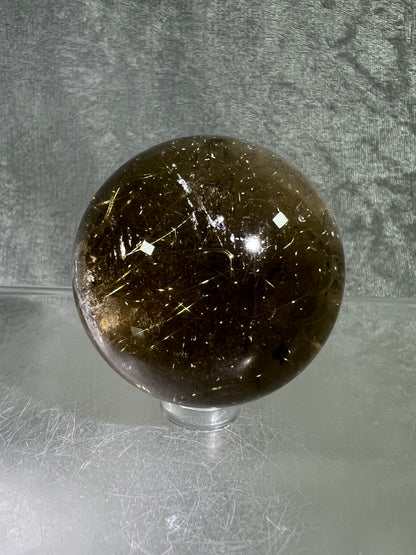 Rutile Quartz Sphere. Gorgeous Smoky Quartz With Stunning Golden Rutile Inclusions. High Quality Display Sphere.