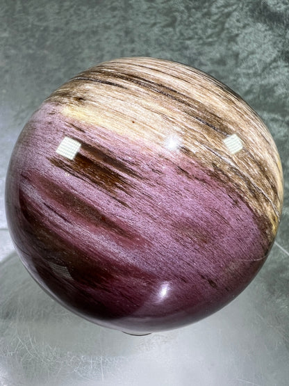 Petrified Wood Sphere. 74mm. Gorgeous Rare Display Sphere From Madagascar. Stunning Colors And Patterns.