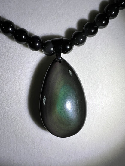 Rainbow Obsidian Pendant. Gorgeous Teardrop Cabochon. Custom Made Beaded Necklace. High Quality Jewelry