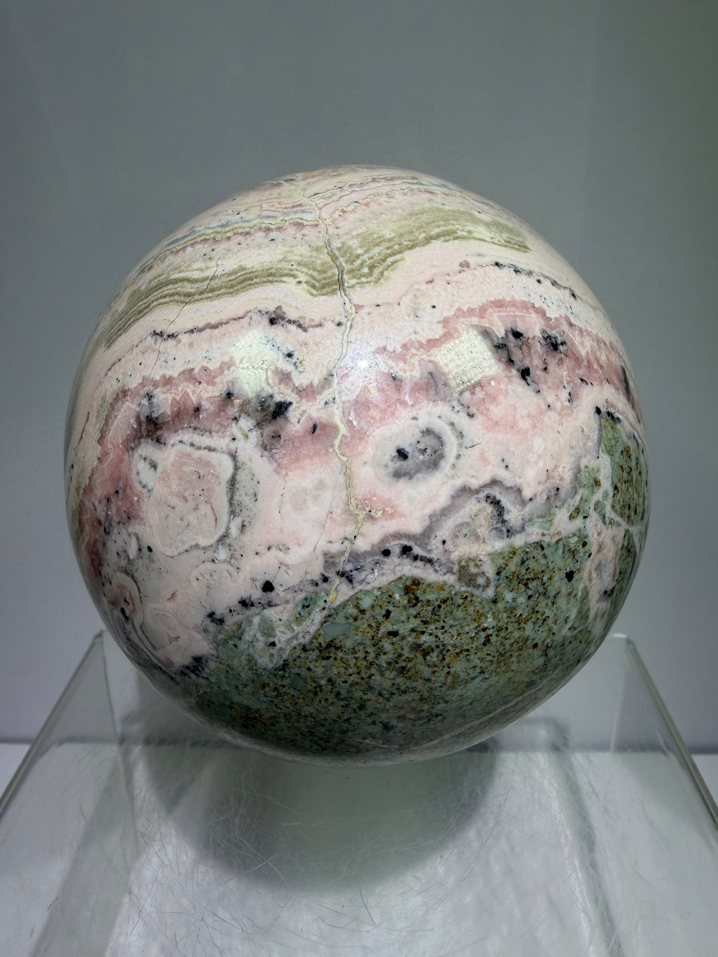 Rhodochrosite Crystal Sphere. 92mm. XL Rare Druzy Display Sphere. Amazing Druzy And Banding
