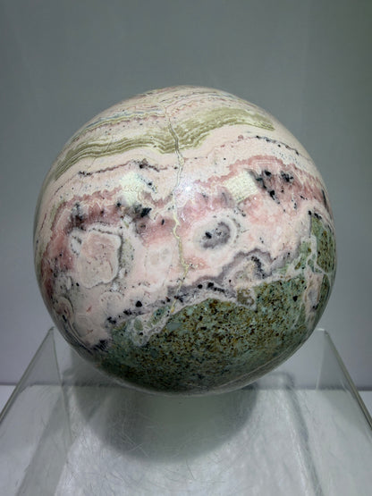 Rhodochrosite Crystal Sphere. 92mm. XL Rare Druzy Display Sphere. Amazing Druzy And Banding