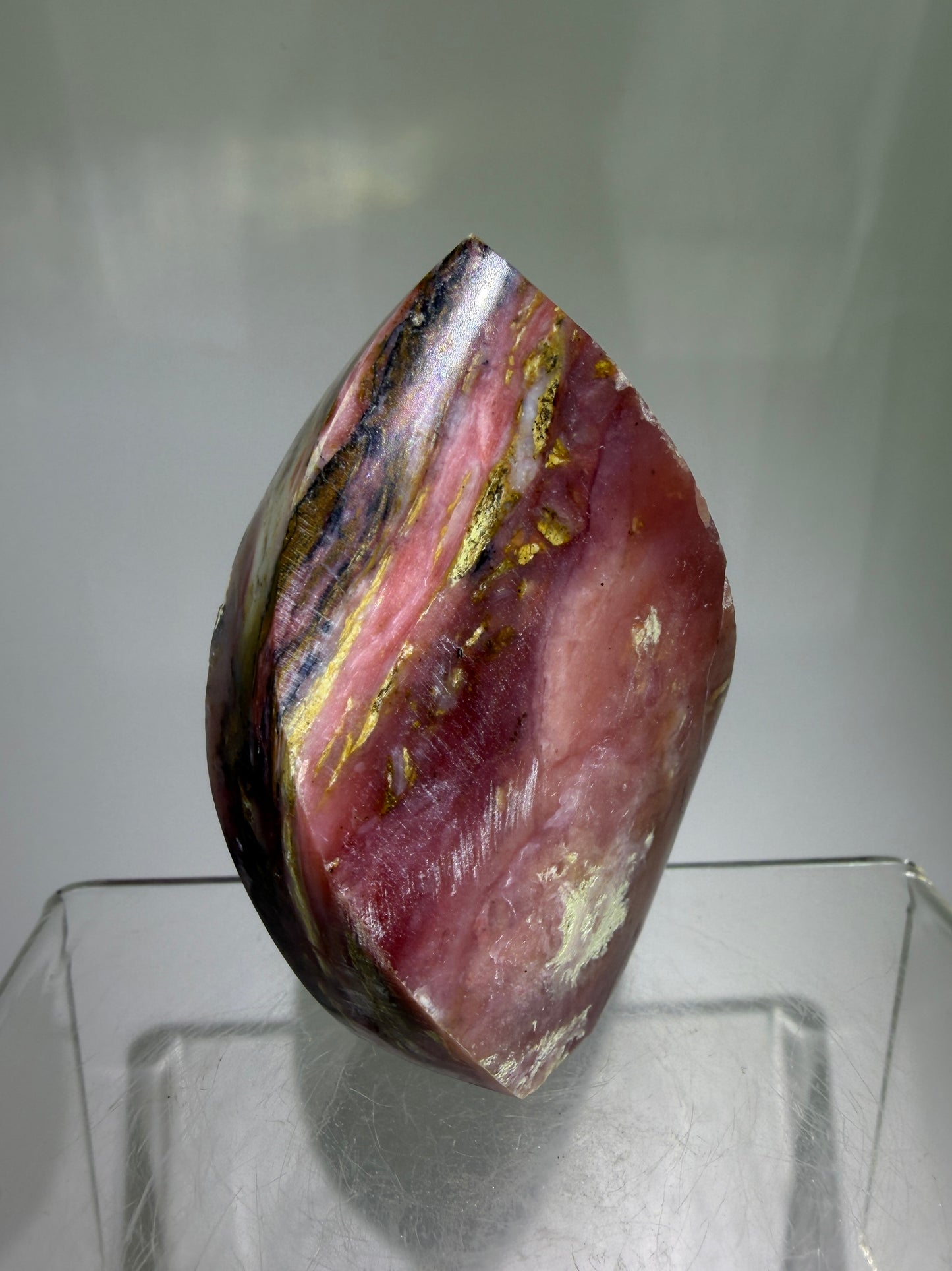 Strawberry Pink Opal Flame From Peru. Gorgeous Bright Colors And Patterns. Rare Display Crystal.