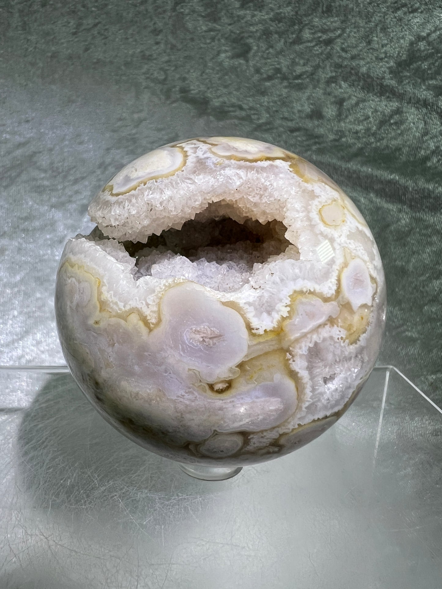 Flower Agate Sphere. 69mm. Amazing Druzy On This Beauty. Gorgeous One Of A Kind Display Sphere.